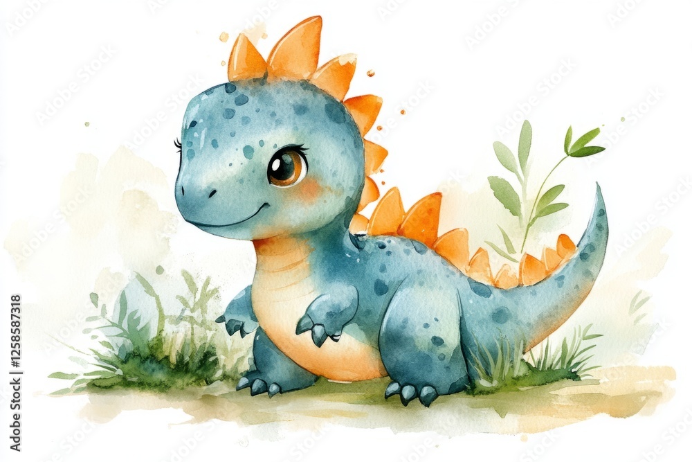 Obraz premium Adorable blue dinosaur with orange spikes walking in the grass in a watercolor style painting, perfect for children's illustrations