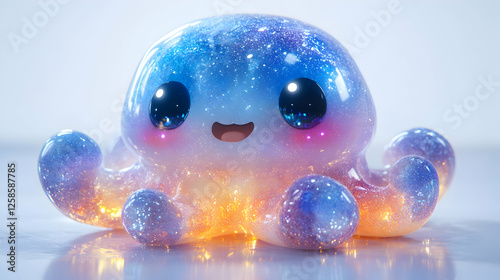 Cute glowing cartoon octopus, playful, studio setting. Ideal for kids' products, social media photo