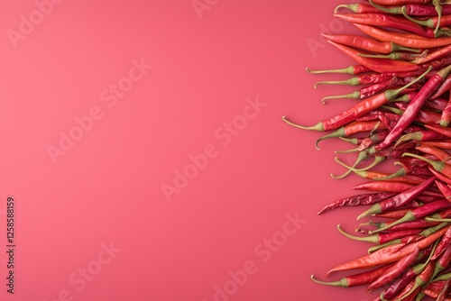 Vibrant red chili peppers on a pink background displaying freshness and spice photo