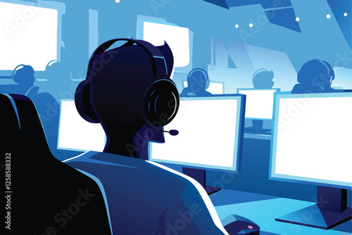 A focused esports athlete competes intensely in a brightly lit arena, hands gripping a gaming mouse before a large monitor displaying a vibrant game.
