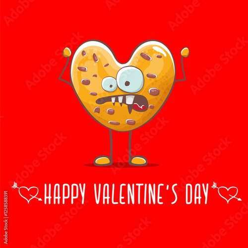 vector funny hand drawn valentines day greeting card with homemade chocolate chip heart shape cookie character isolated on red background. Happy Valentines day cartoon red banner or poster.