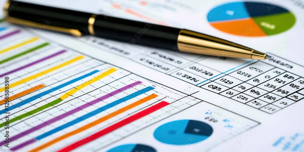 A close-up of a printed financial report, highlighted with notes and a pen. A close-up of a printed financial report, highlighted with notes and a pen.