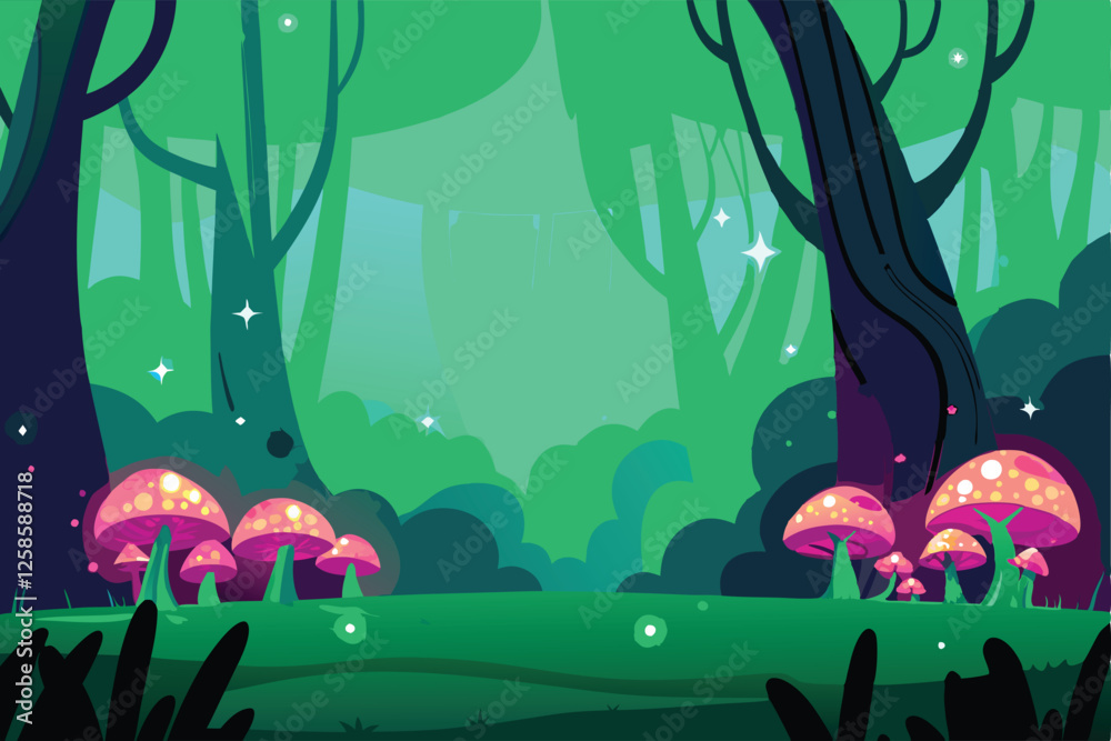 Ethereal night forest scene; neon-glowing trees illuminate sparkling streams and mossy rocks. Dark, mysterious, fantastical vibe. Ethereal night forest scene; neon-glowing trees illuminate sparkling streams and mossy rocks. Dark, mysterious, fantastical vibe.