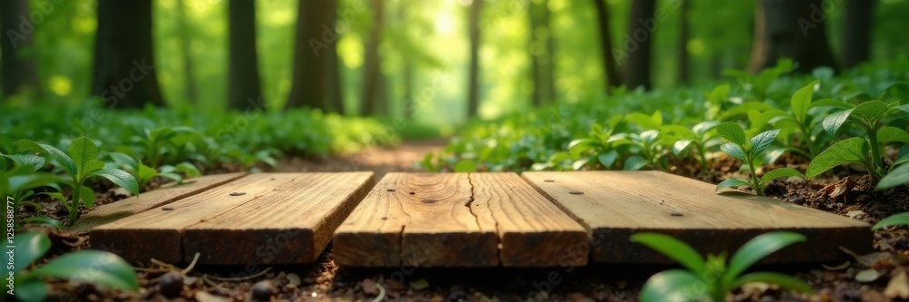 Wooden plank laid on the ground in a forest clearing, forests, outdoors, wood Wooden plank laid on the ground in a forest clearing, forests, outdoors, wood