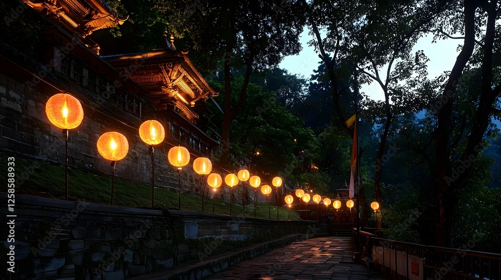 Naklejka premium Illuminated Pathway to a Temple at Night