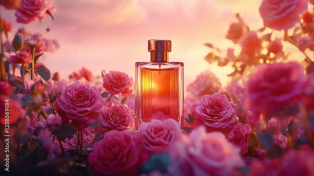vibrant pink background, a bottle of perfume surrounded by fresh roses, generative ai vibrant pink background, a bottle of perfume surrounded by fresh roses, generative ai