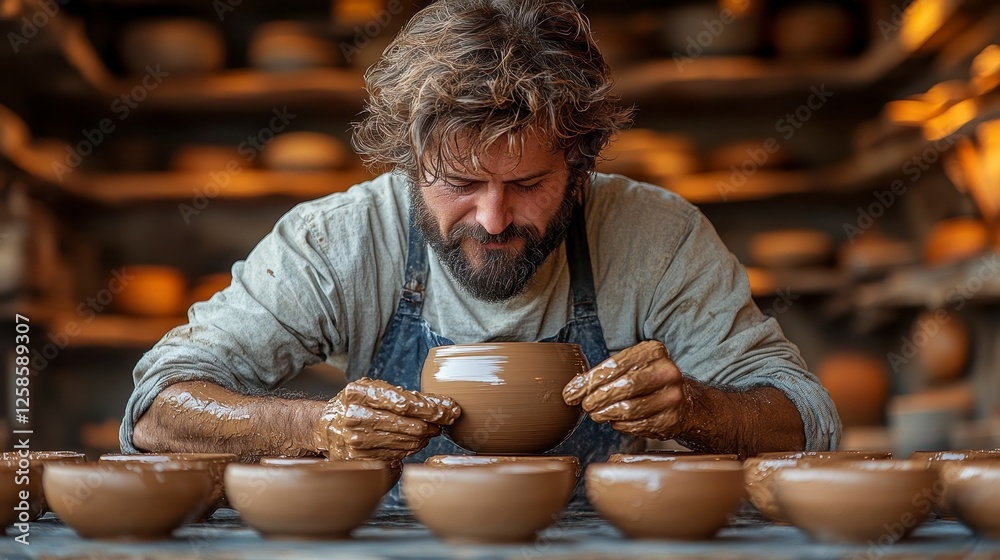 Potter inspecting pottery, workshop, clay bowls, craft Potter inspecting pottery, workshop, clay bowls, craft