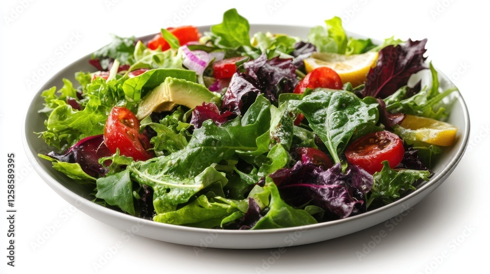 Healthy mixed greens salad with avocado lemon wedge and assorted vegetables on a plate Healthy mixed greens salad with avocado lemon wedge and assorted vegetables on a plate