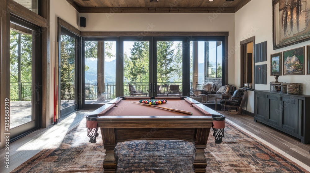 Mountain View Game Room: Luxurious Pool Table with Stunning Scenery Mountain View Game Room: Luxurious Pool Table with Stunning Scenery