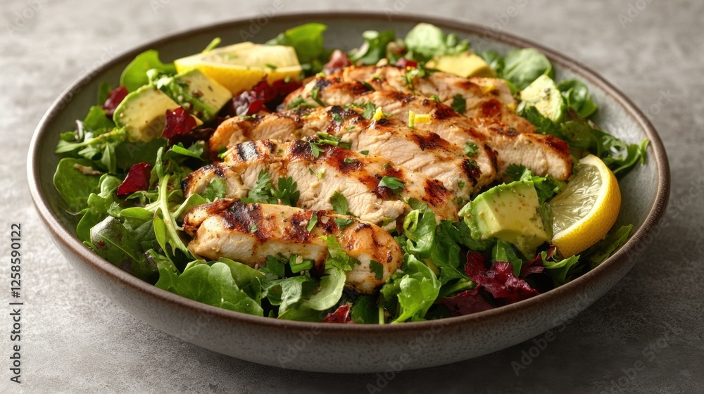 Bowl of healthy mixed greens salad with grilled chicken and avocado on a wooden table Bowl of healthy mixed greens salad with grilled chicken and avocado on a wooden table
