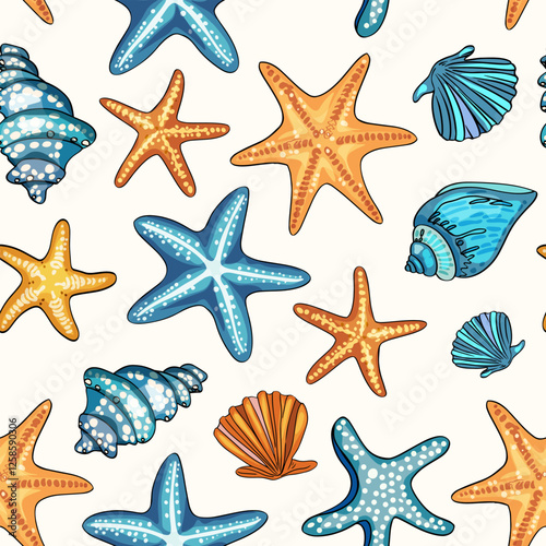 Marine pattern. Fish, anchor, octopuses, sharks, whales. Vector seamless pattern with decorative sea elements. Vintage background