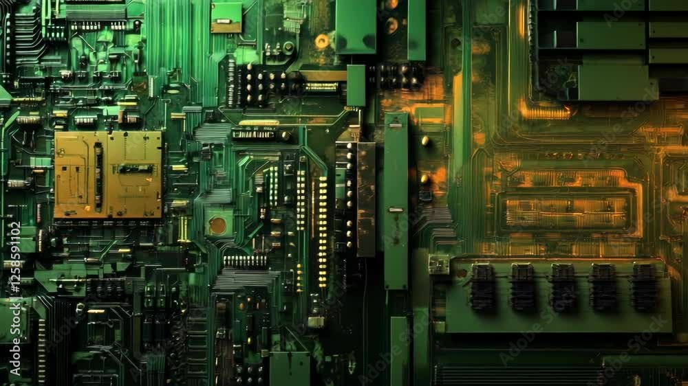 Circuitboard matrix transformation: dynamic progression of electronic pathways in green and gold tones Circuitboard matrix transformation: dynamic progression of electronic pathways in green and gold tones