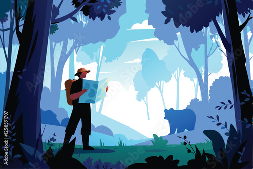 A park ranger, in uniform, stands amidst towering trees in a lush forest,  patrolling the area, showcasing the serene beauty of nature.