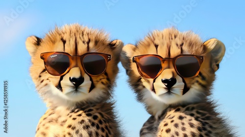 A pair of cheetah cubs donning sunglasses against the backdrop of a clear blue sky