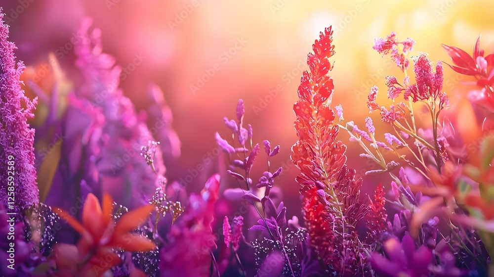 Obraz premium Vibrant Flowers In A Field At Sunrise