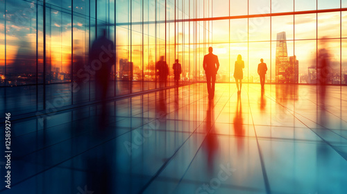 Business people silhouettes in modern office at sunset with reflection on glass windows meeting