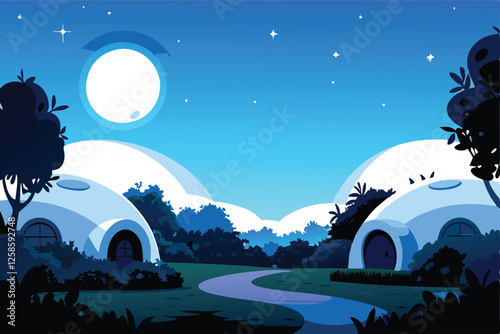 Ethereal alien village nestled in a vibrant, bioluminescent forest; organic, flowing homes built into colossal trees; peaceful, idyllic scene.