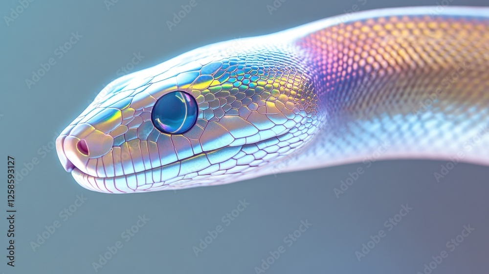 Fototapeta premium Iridescent Snake Head Closeup Scales Blue Eye Pastel Background