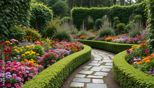Colorful Flower Garden Path with Stone Walkway