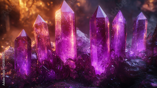 Crystal glowing purple gemstone mineral rock formation magical mystic fantasy background with copy space