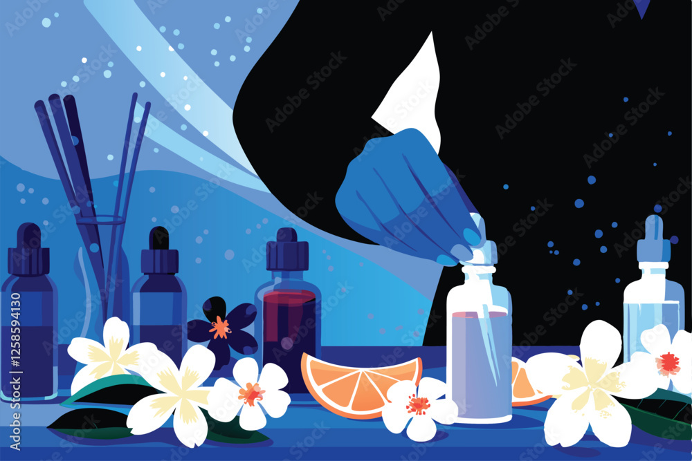 A skilled perfumer meticulously blends fragrant essences in a sophisticated laboratory, surrounded by an array of essential oils and botanicals.