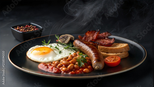 Classic English breakfast with eggs and sausages