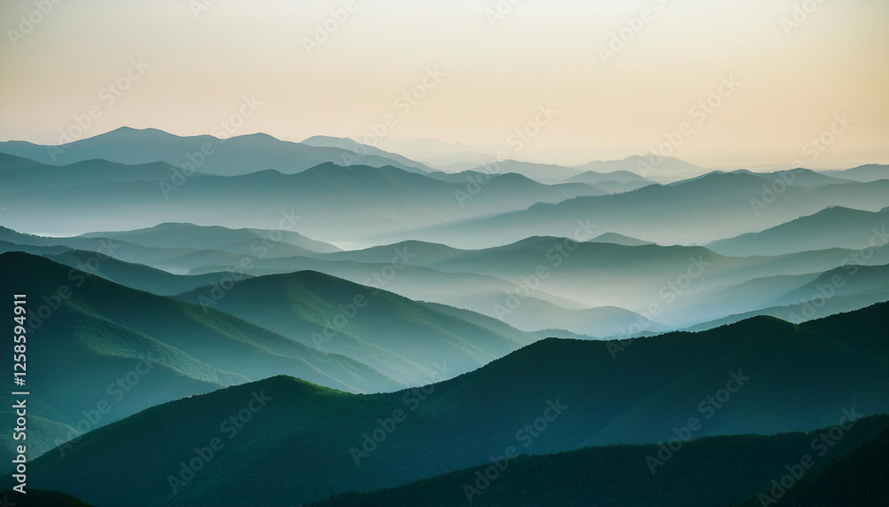 Obraz premium a minimalist and abstract depiction of a serene mountain landscape featuring layered rolling hills in soft gradients of beige gray and dark green
