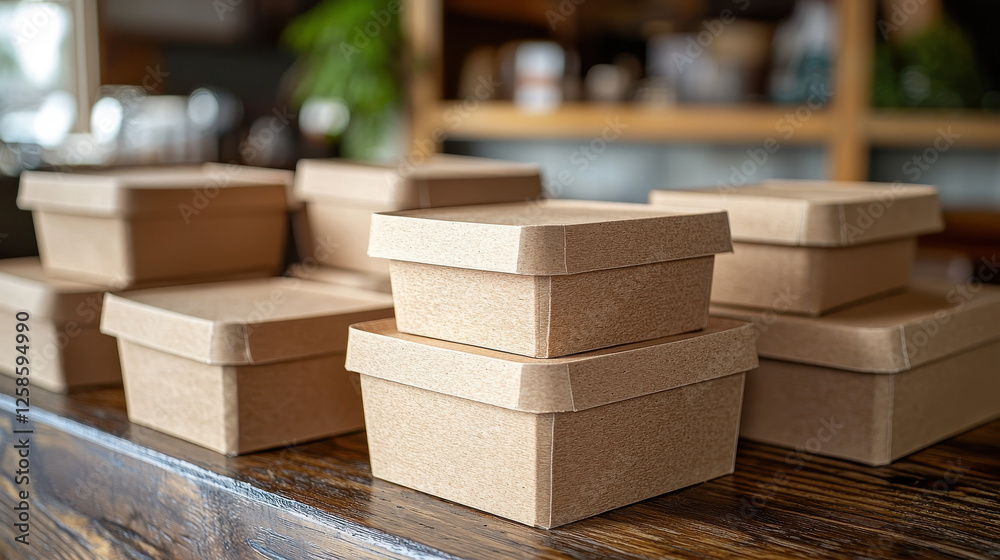 Biodegradable packaging crafted from recycled paper enhances eco-friendly branding in a softly lit setting Biodegradable packaging crafted from recycled paper enhances eco-friendly branding in a softly lit setting