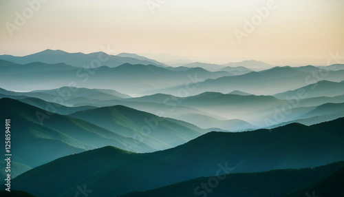 a minimalist and abstract depiction of a serene mountain landscape featuring layered rolling hills in soft gradients of beige gray and dark green