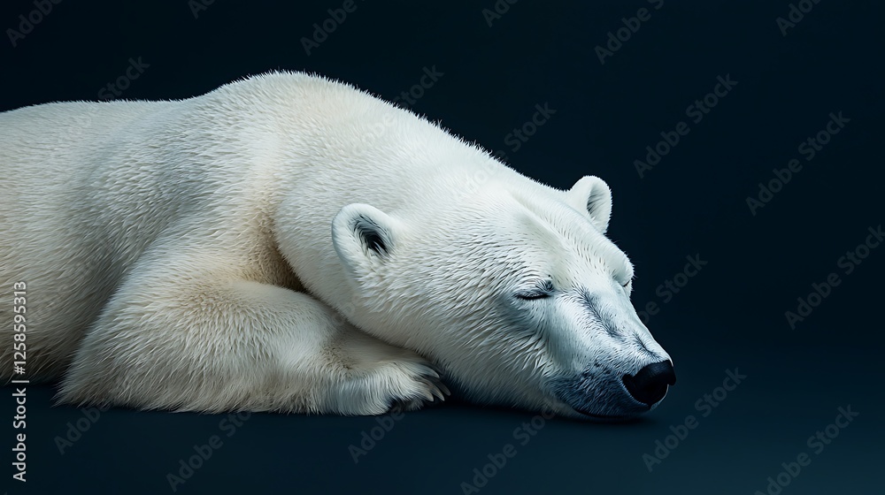 A serene polar bear rests peacefully against a dark background, showcasing its thick white fur and relaxed demeanor.