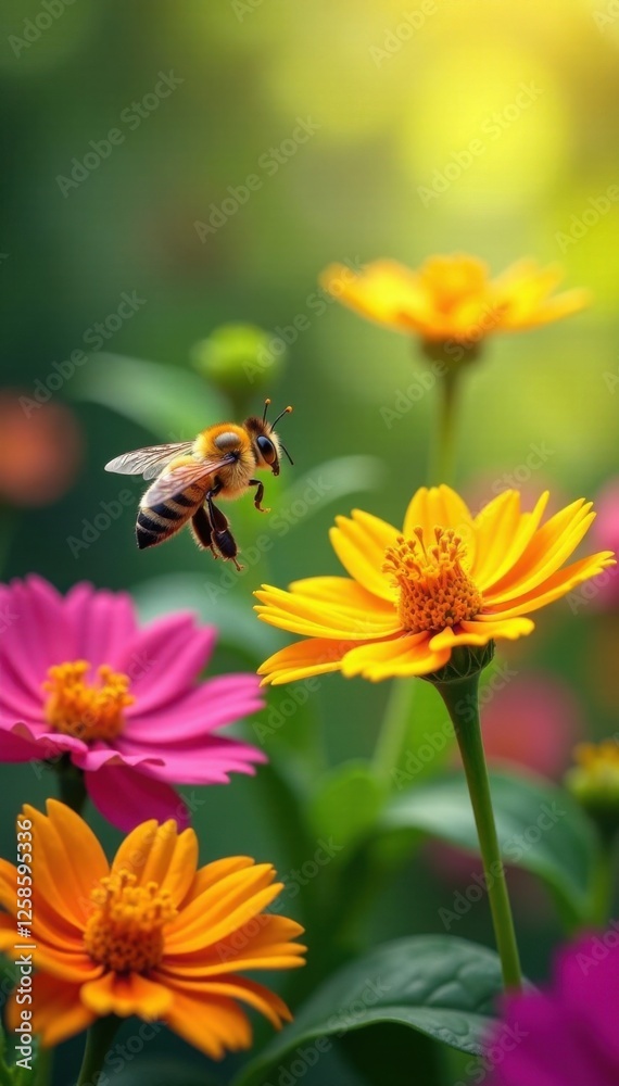 Yellow bee flying over colorful flowers in a sunny garden, sunshine, insects, nature Yellow bee flying over colorful flowers in a sunny garden, sunshine, insects, nature