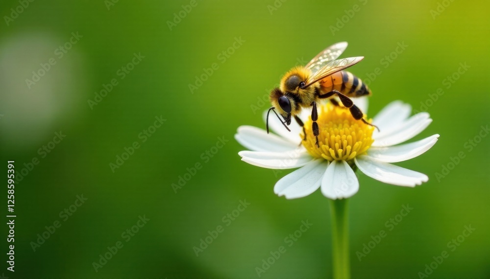 Yellow bee hovering above a single white flower, nature, summer, sunflower Yellow bee hovering above a single white flower, nature, summer, sunflower