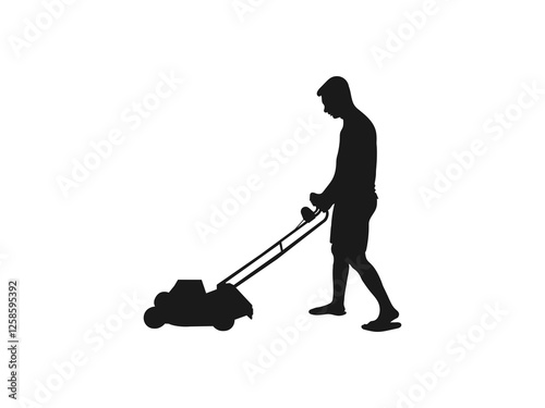 Man pushing an old green lawn mower silhouette. Lawn Mower Silhouette Stock Illustrations. Silhouette Man Pushing Lawn Mower. Black silhouette of a lawn mower on a white background.