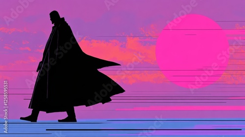 Silhouette of a man walking away at sunset.  Vibrant pink and purple colors dominate the scene. photo