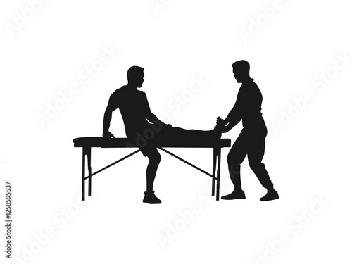 Physical therapist silhouette. Physiotherapist and patient exercising in a rehabilitation center, vector silhouette illustration. Injury treatment. vector silhouettes set on a white background.