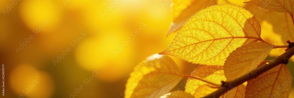 Obraz premium Yellow leaf gold foil in sunlight, warm glow, natural light, leaf texture
