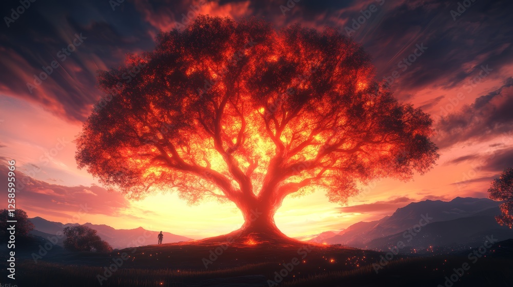 Silhouette of a person standing before a fiery tree at sunset, creating a dramatic and surreal scene. Silhouette of a person standing before a fiery tree at sunset, creating a dramatic and surreal scene.