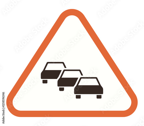 Three cars in a row inside an orange-bordered triangular frame signaling traffic congestion. Ideal for transportation, warning, safety, traffic control, road signs, driving rules, public awareness