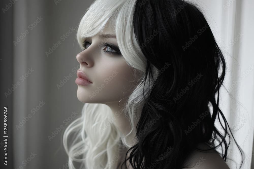 Fototapeta premium Profile of a fashion model showcasing a unique half-black, half-white hairstyle and dramatic smokey eye makeup