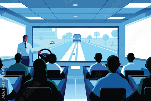 A professional driving instructor imparts crucial safety techniques to attentive students during a driver training session.