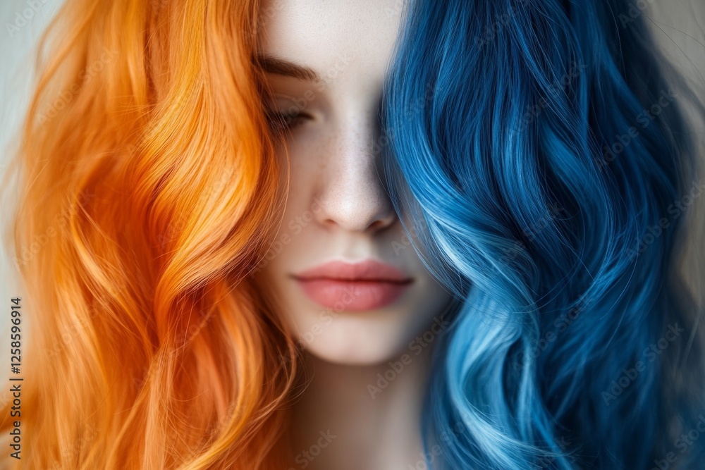 Portrait of a young woman with orange and blue two-toned hair color covering part of her face, showcasing a modern hairstyle Portrait of a young woman with orange and blue two-toned hair color covering part of her face, showcasing a modern hairstyle