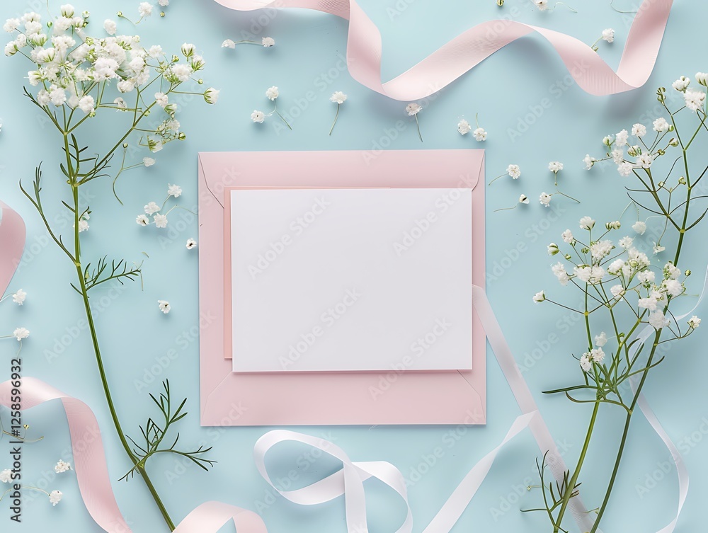 Top view flat lay of pink envelope, blank card, ribbon, and gypsophila flowers on pastel background, Mother's Day greeting.