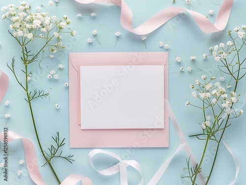 Obraz na płótnie Top view flat lay of pink envelope, blank card, ribbon, and gypsophila flowers on pastel background, Mother's Day greeting. w salonie