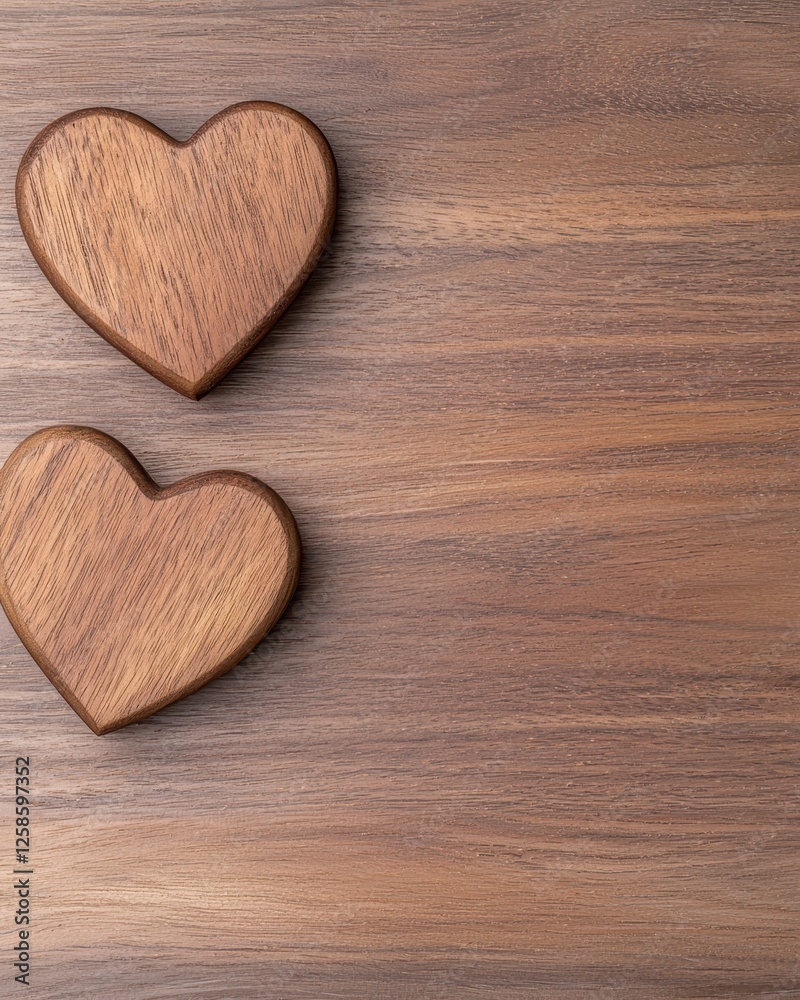 Two wooden heart shapes on a rustic wooden background, symbolizing love and affection. Two wooden heart shapes on a rustic wooden background, symbolizing love and affection.