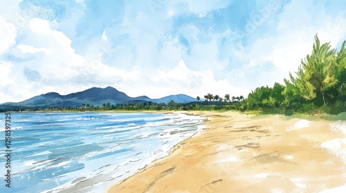 Watercolor coast with tranquil beach, mountains, and azure sky