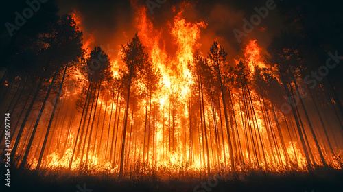 Forest fire burning wildly at night, destroying trees and spreading destruction