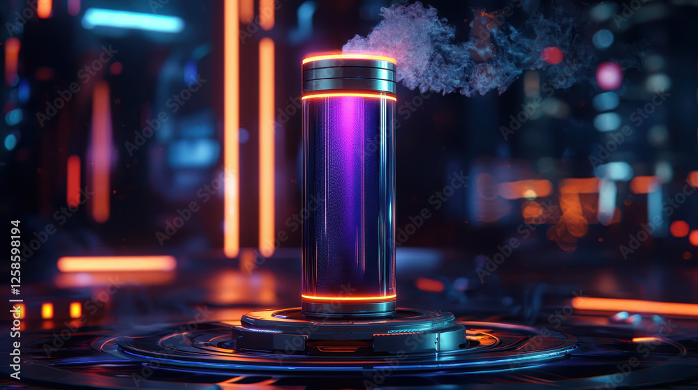 Compact energy canister generates delicate vapor trails on a futuristic neon-lit console in a science-fiction environment Compact energy canister generates delicate vapor trails on a futuristic neon-lit console in a science-fiction environment