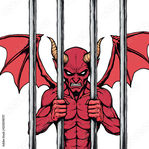 Vsai red devil with horns and wings grabbing prison bars behind jail