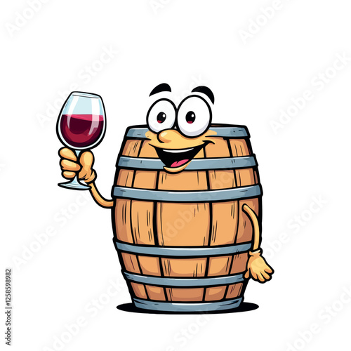 Vsai smiling wine barrel holding glass of red wine cartoon character