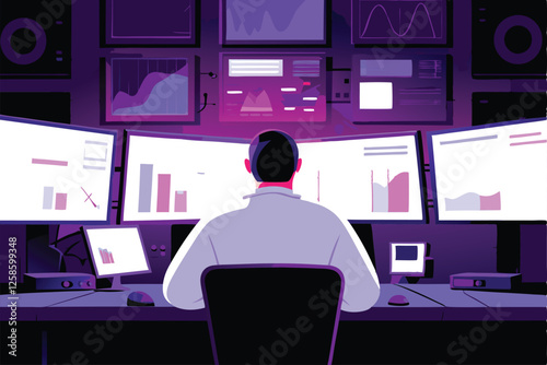A focused researcher meticulously analyzes data on multiple computer screens in a modern, well-equipped computer lab.